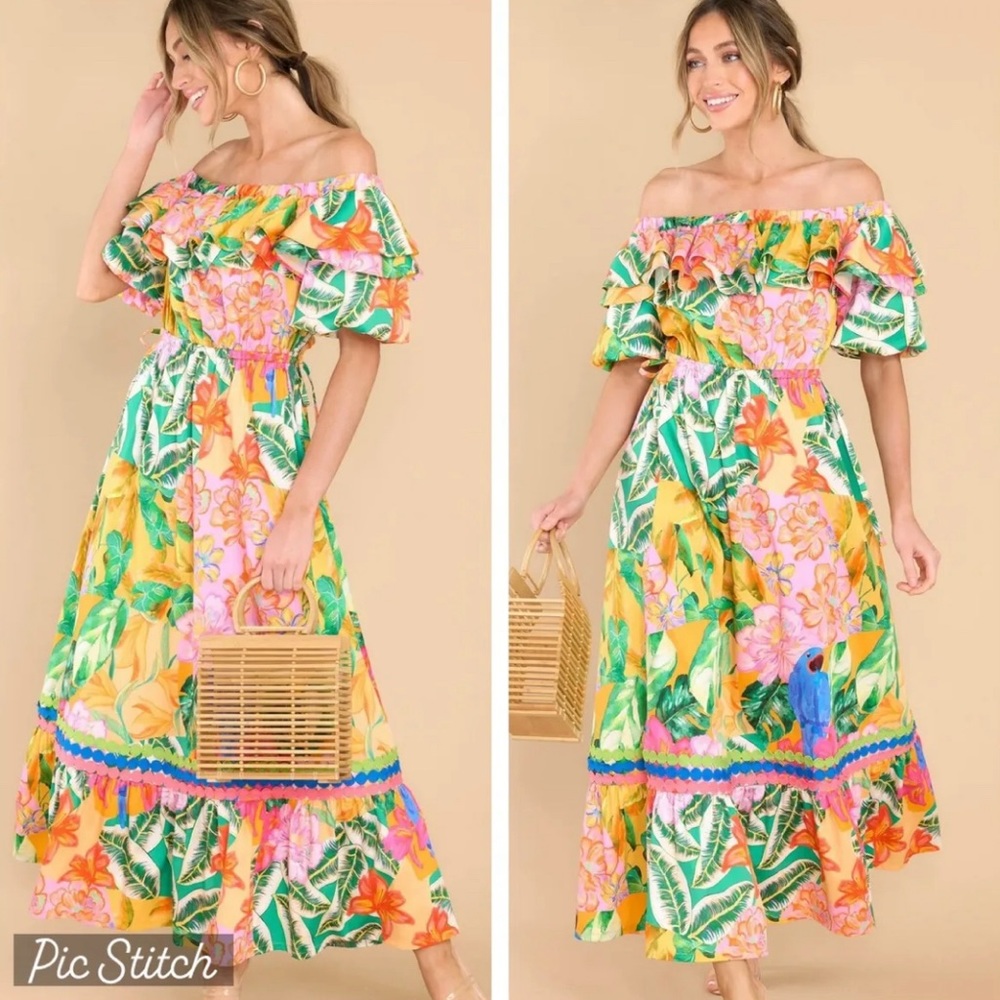 Alden Adair Colorful Tropical Off the Shoulder Dress NWT